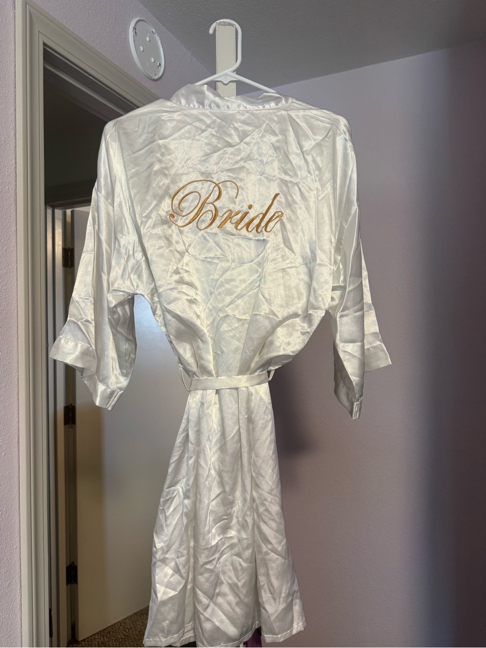 White Satin Bride Robe with Gold Script